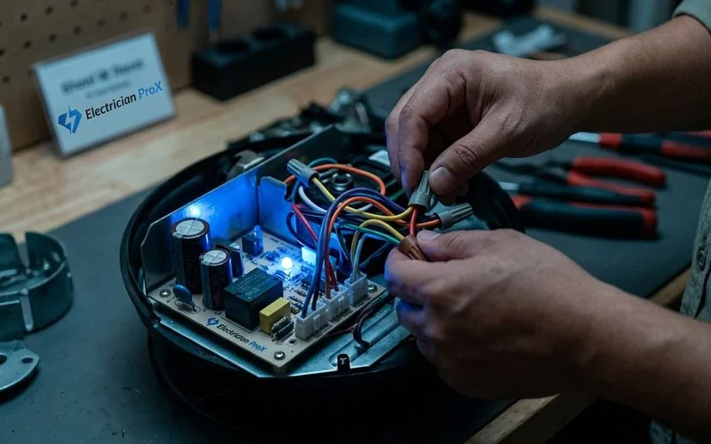 Detailed view of ceiling fans components and tools used by certified electricians in Malaysian residential electrical work