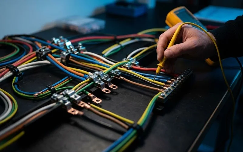 Detailed view of electrical wiring components and tools used by certified electricians in Malaysian residential electrical work