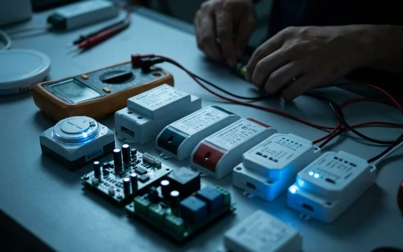 Detailed view of energy efficiency components and tools used by certified electricians in Malaysian residential electrical work
