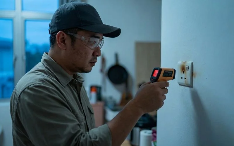 Professional electrician working on electrical troubleshooting installation in modern Malaysian residential home with safety equipment and professional tools