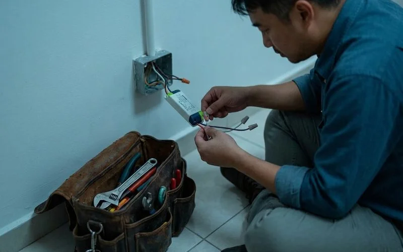 Professional electrician working on energy efficiency installation in modern Malaysian residential home with safety equipment and professional tools