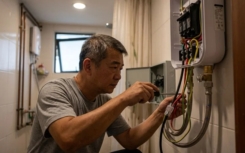 Professional electrician working on water heaters installation in modern Malaysian residential home with safety equipment and professional tools