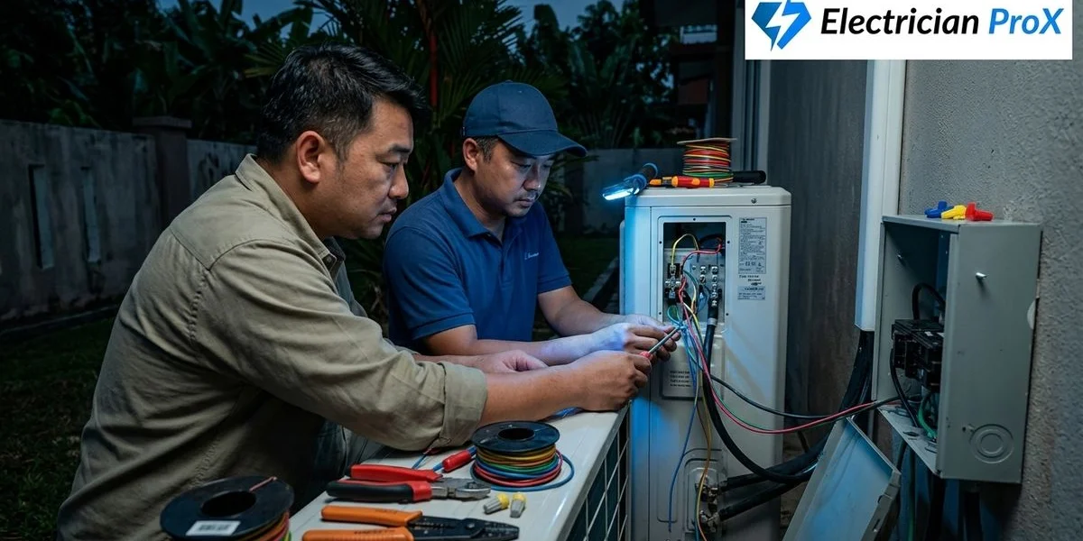Professional electrician performing aircon & auto gate service in a modern Malaysian property