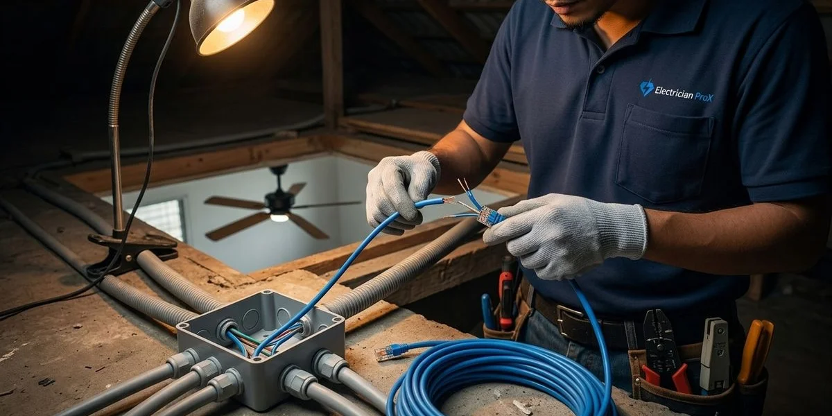 Professional electrician performing electrical wiring service in a modern Malaysian property