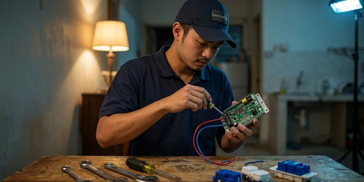 Professional electrician performing emergency service in a modern Malaysian property
