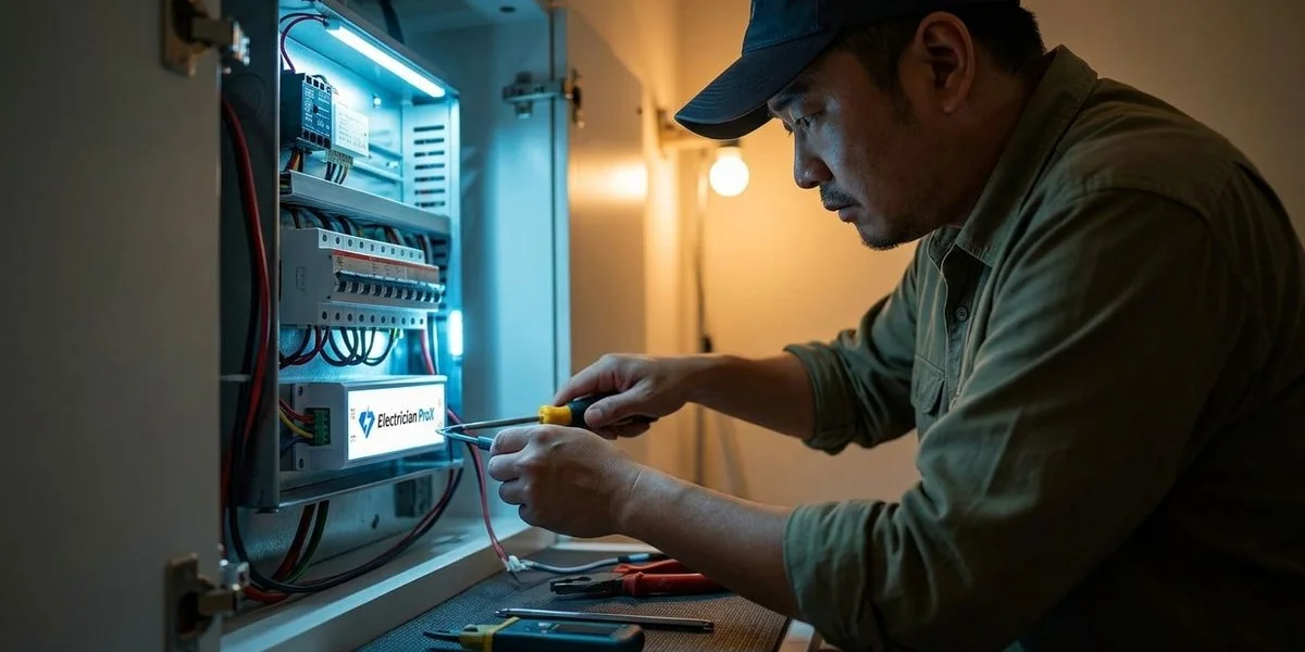 Professional electrician performing energy saving service in a modern Malaysian property