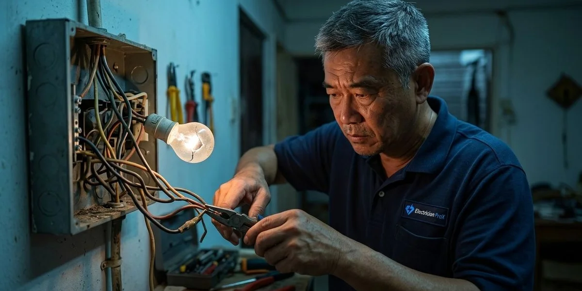 Professional electrician performing flickering lights service in a modern Malaysian property