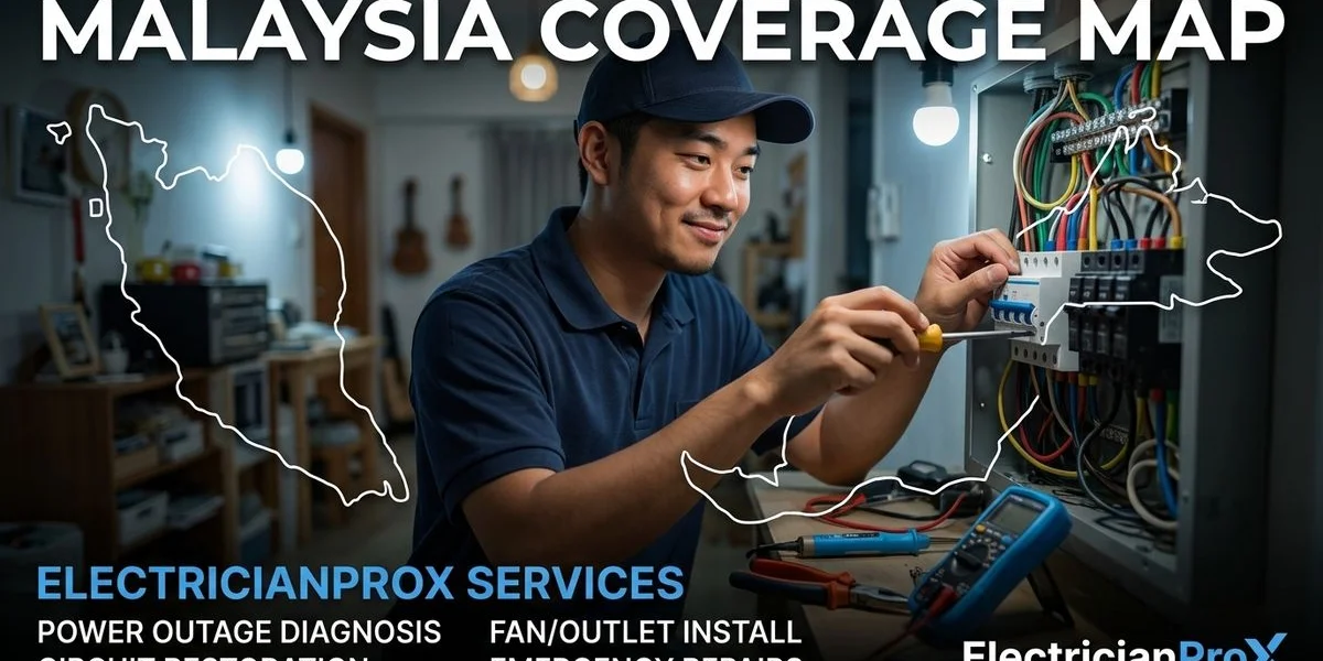 Professional electrician performing power outage service in a modern Malaysian property