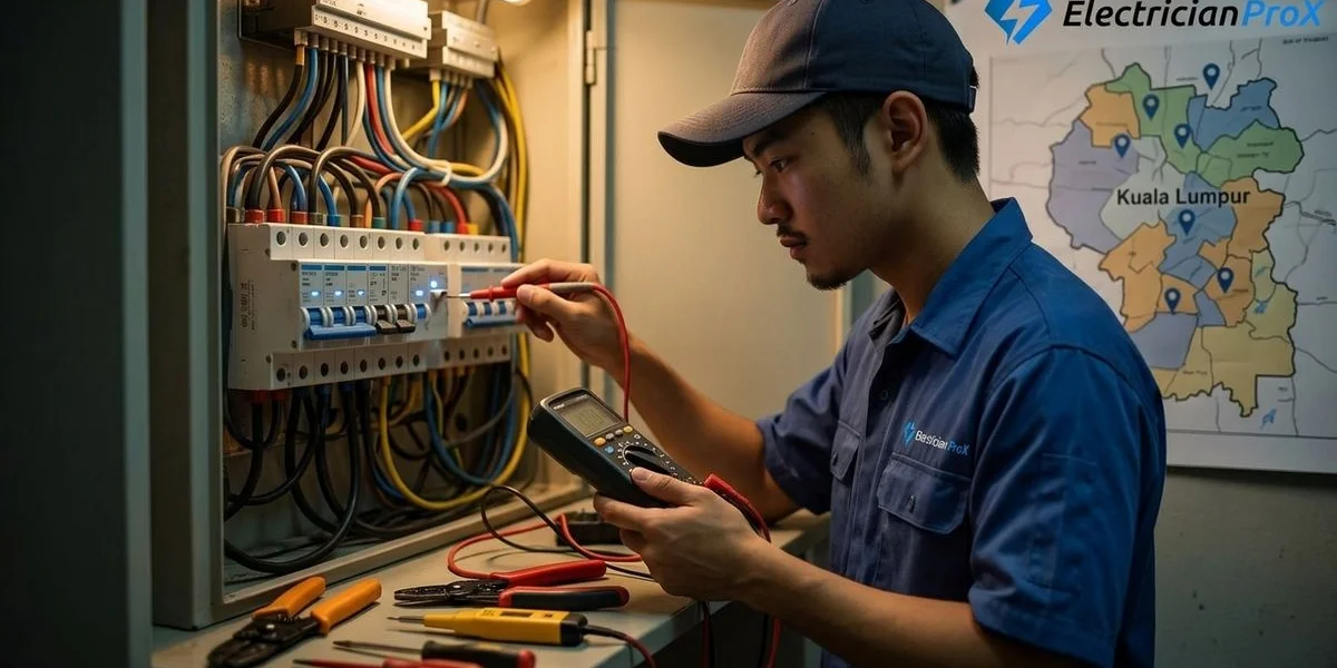 Professional electrician performing troubleshooting service in a modern Malaysian property