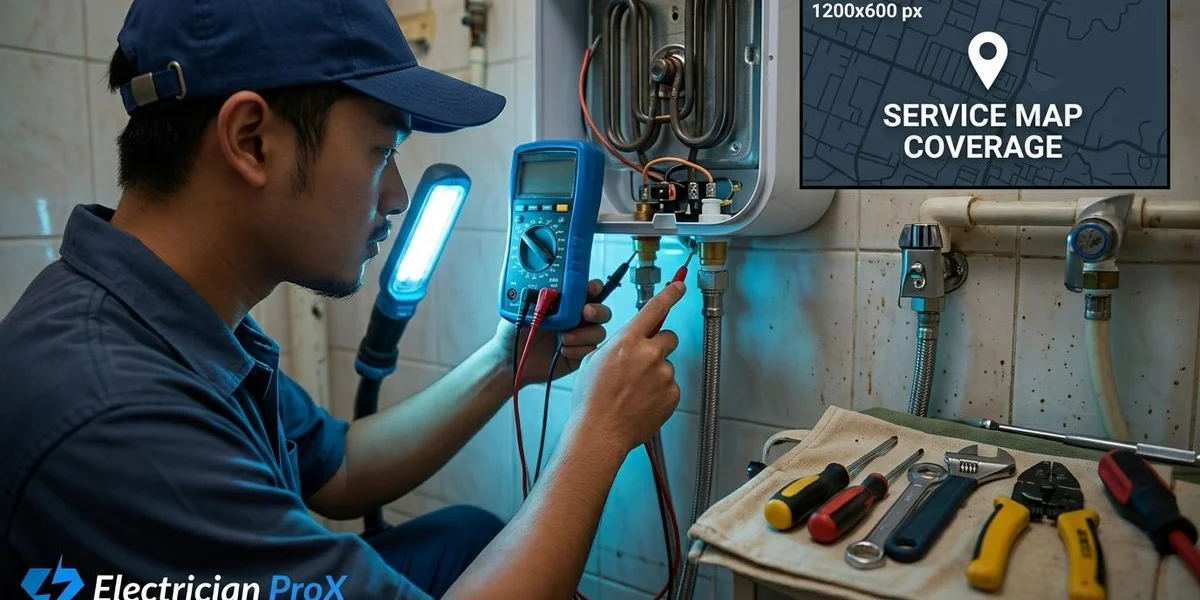 Professional electrician performing water heater issues service in a modern Malaysian property